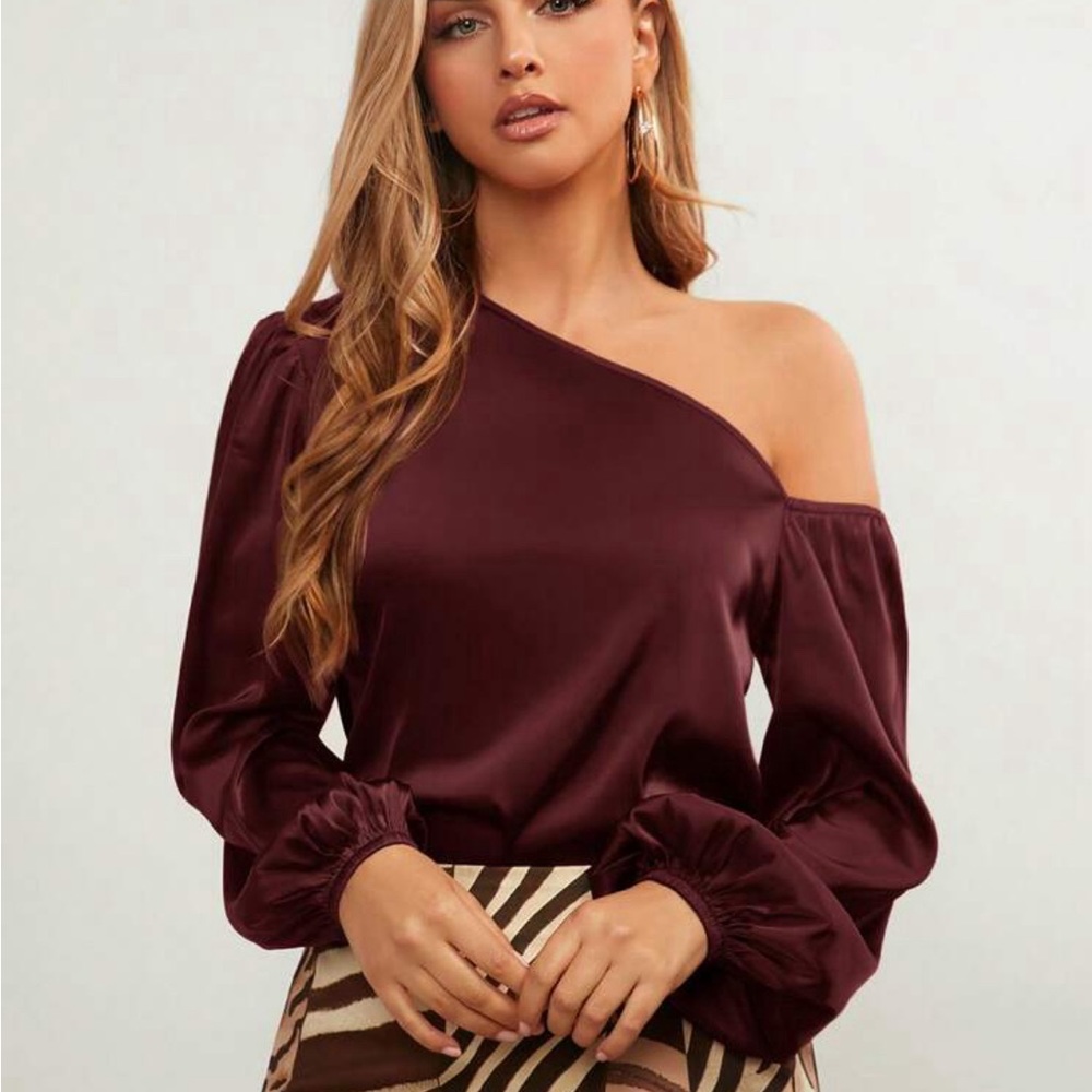 Luxe Satin Asymmetrical Neck Off One Shoulder Long Sleeve Satin Top Blouse - Picture 10 of 16